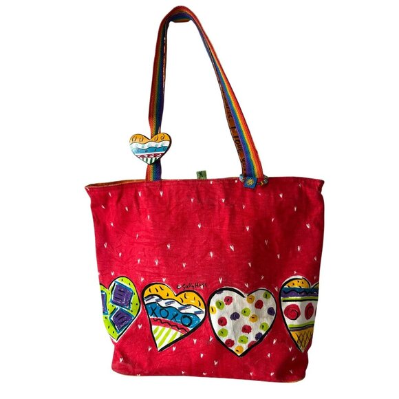 Sally Huss Heart Canvas XLarge Standing Tote Bag With Rainbow Hearts Charm - Picture 2 of 10